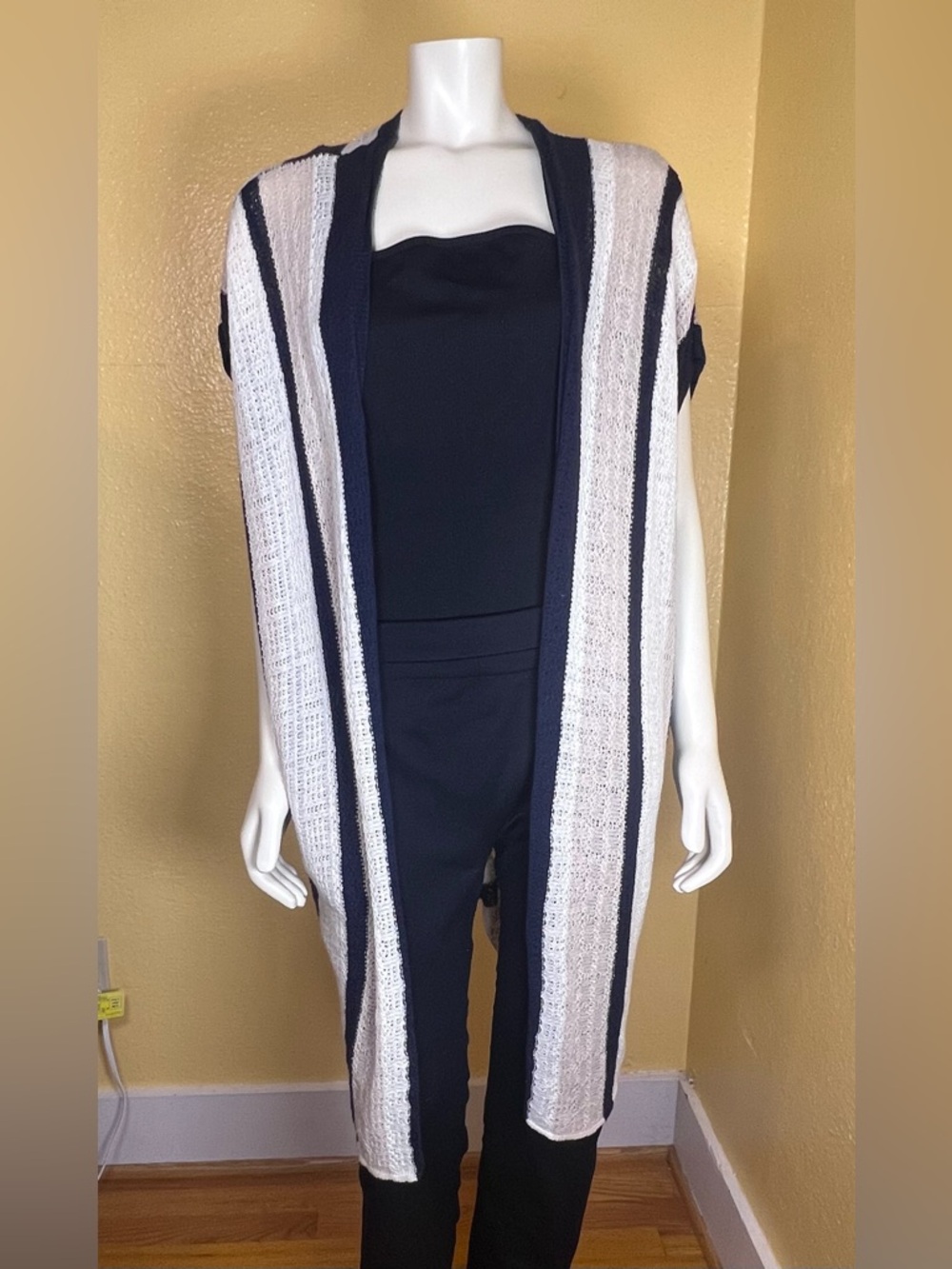 Ann Taylor Striped Open-Knit Kimono Sweater in Navy, Cream, Tan One Size NWT - Picture 3 of 13